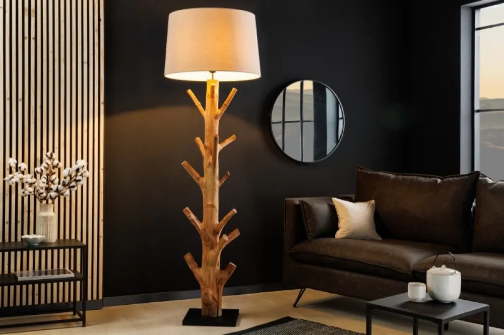 Lampa de podea din Lemn Maro si Textil Bej H175xD55cm Tree