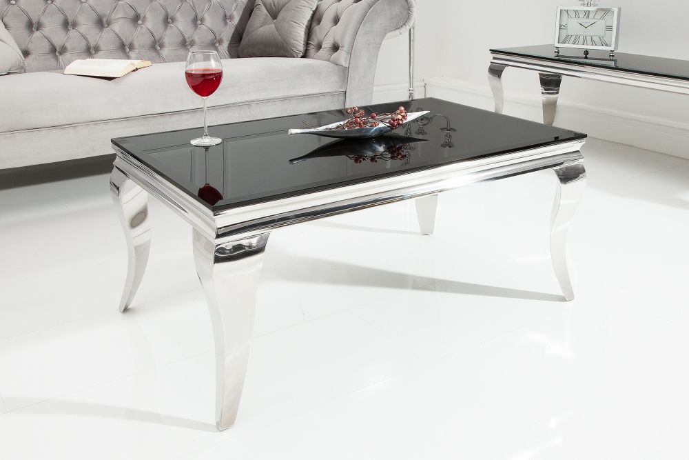 Masuta de cafea Dreptunghiulara din Sticla si Otel inoxidabil Negru/Argintiu L100xH45cm Barock