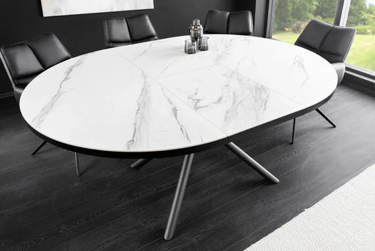 Masa din Sticla securizata/Ceramica Alb cu efect de marmura si Metal Negru L120-160xH77cm Mikado