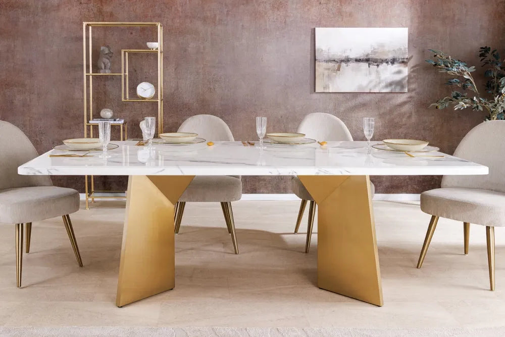 Masa din Marmura Alb si Metal Auriu L200xH76cm Extravagancia