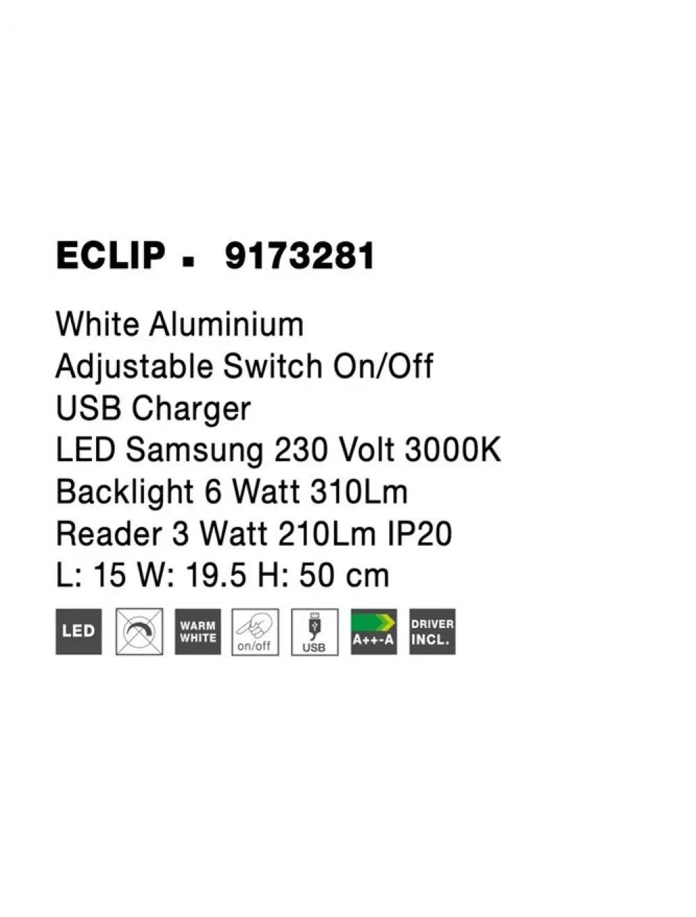 Aplica de perete din Aluminiu Alb H50xL15cm IP20 9W 520lm 3000k ECLIP