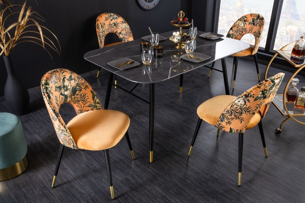 Set 2 scaune tapitat cu Catifea Galben cu picioare din Metal Negru/Auriu H83xL53xA57cm Boutique