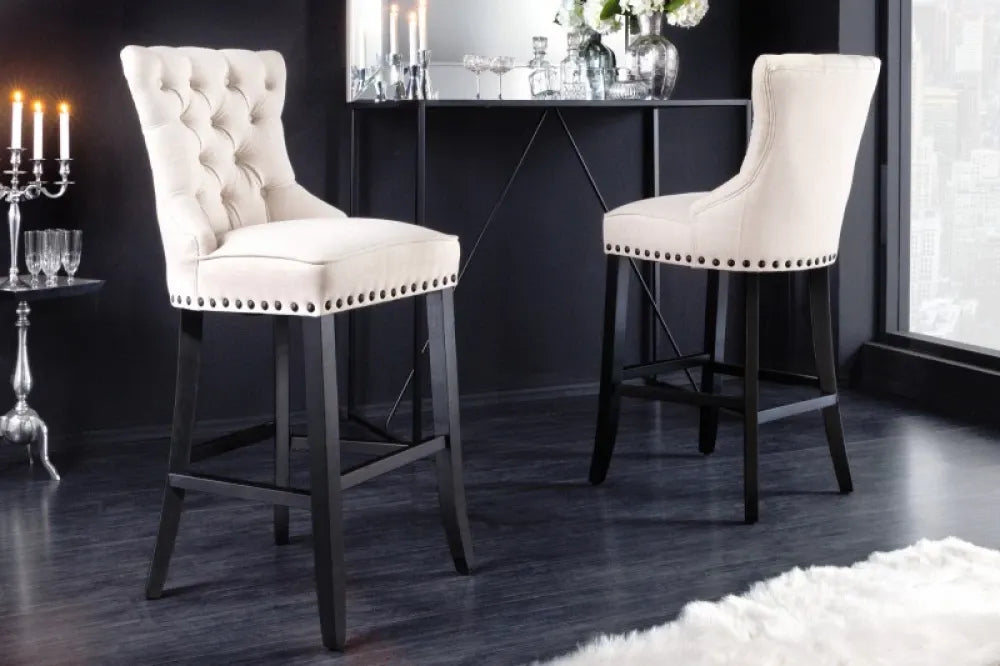 Scaun de bar tapitat cu Stofa Bej cu picioare din Lemn Negru H116xL51xA60cm Castle Deluxe