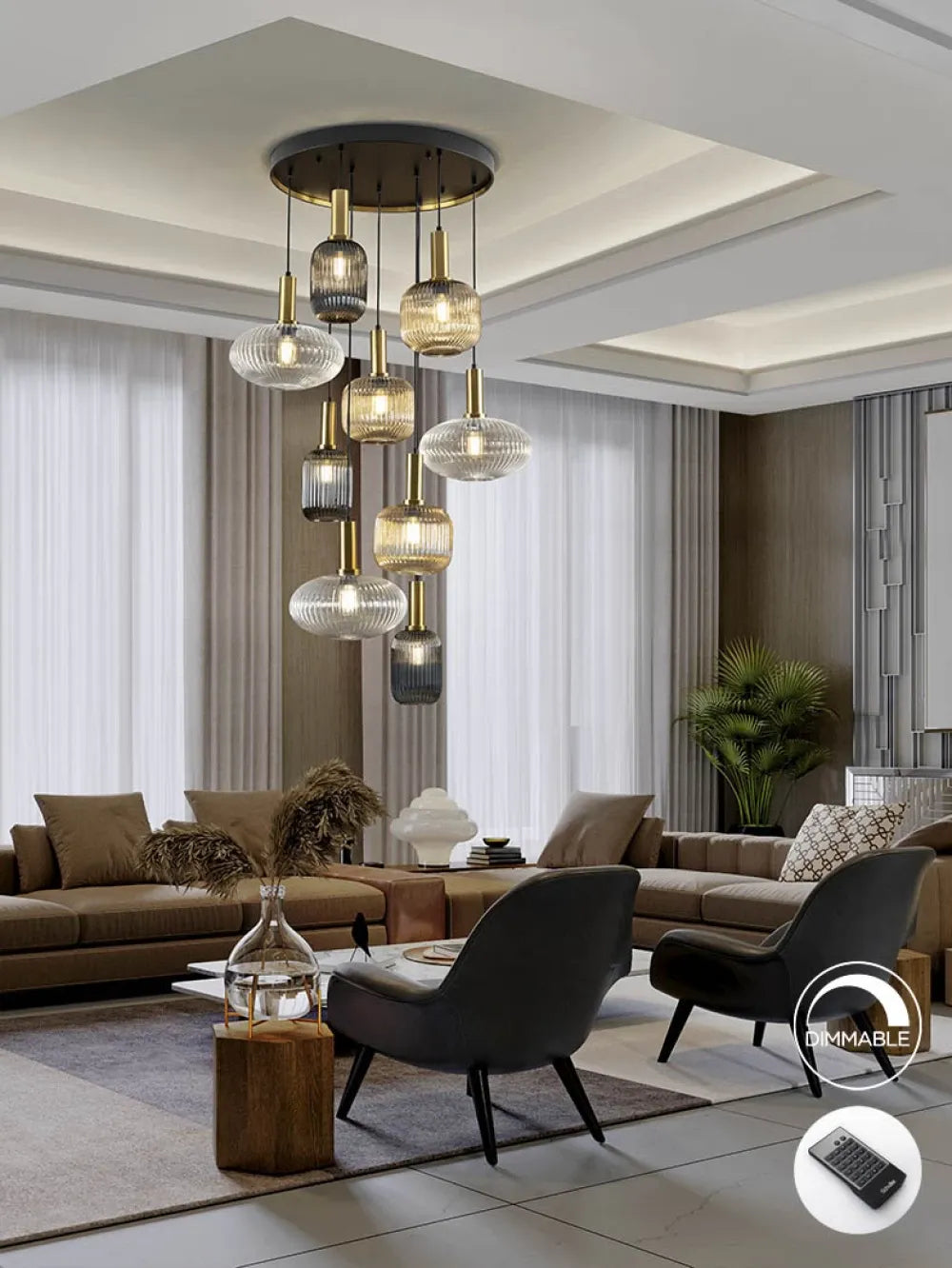 Candelabru cu telecomanda 9 becuri din Metal Negru si Sticla Multicolor H320xD80cm Norma