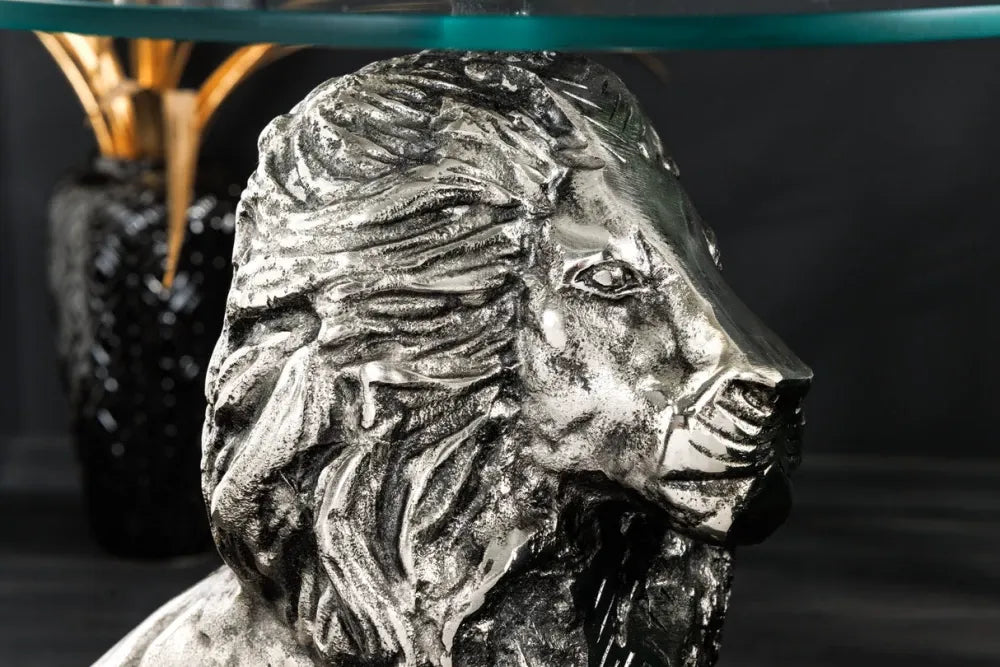 Masuta laterala din Sticla securizata Transparent si Metal Argintiu L45xH57cm Wildlife lion