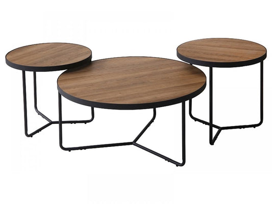 Set 3 masute de cafea Rotunde din MDF si Metal Maro/Negru D80xH50cm Demeter II