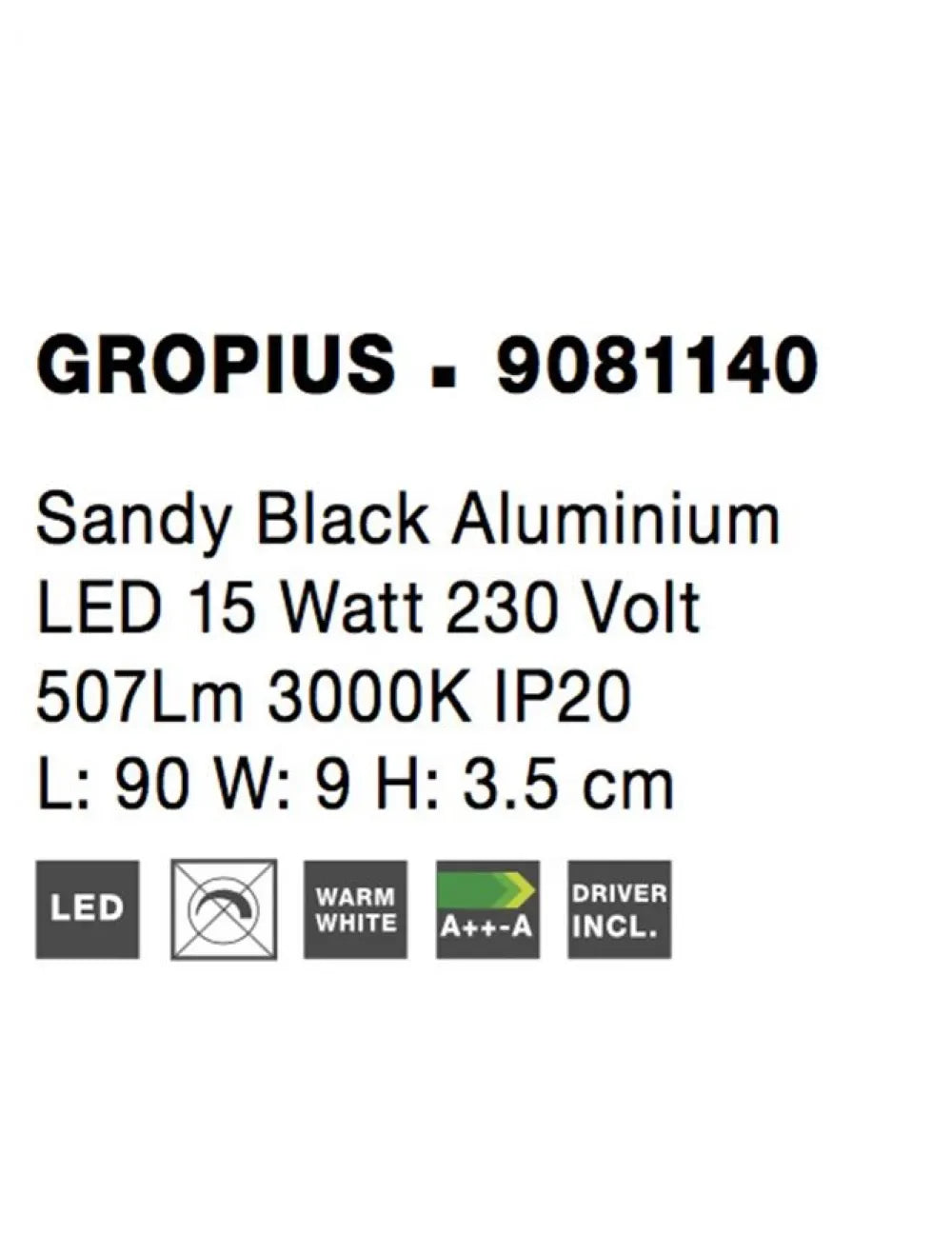 Aplica de perete din Aluminiu Negru H3.5xL90cm IP20 15W 507lm 3000k GROPIUS