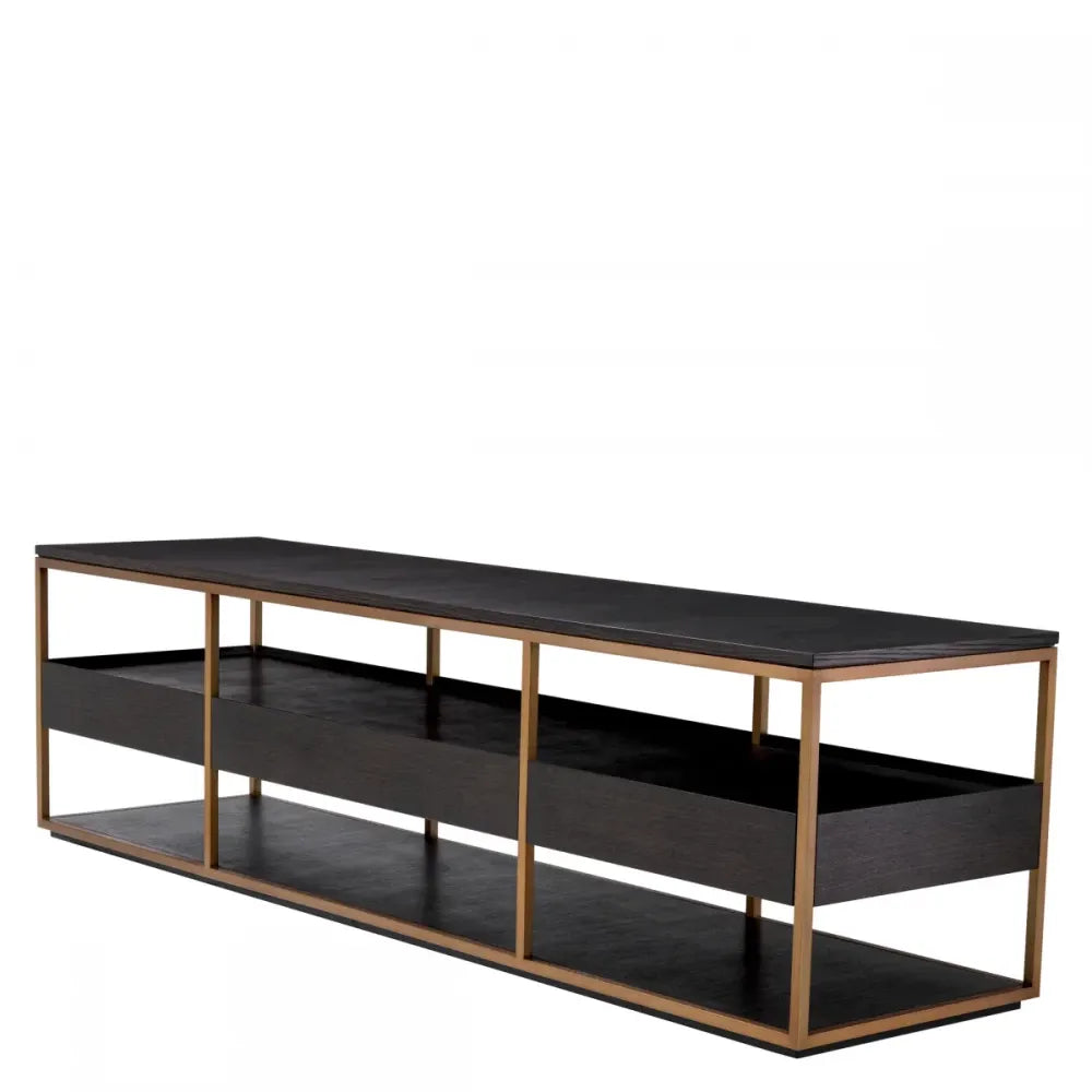 Comoda TV din Furnir de stejar Maro Mocha si Metal Alama L220xH61cm Parker L Eichholtz