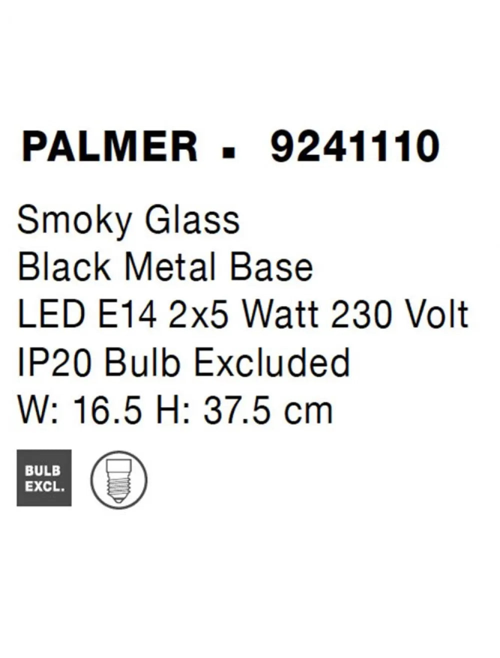Aplica de perete structura din Metal Negru si abajur din Sticla Fumuriu H37.5xL11.5cm IP20 PALMER