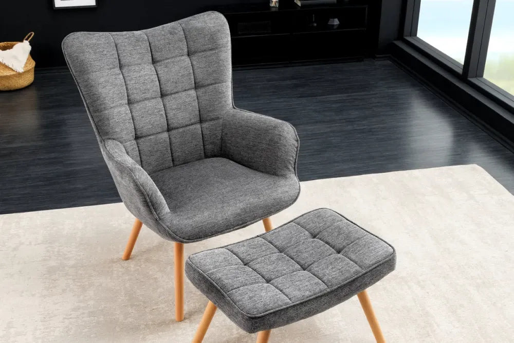 Puf din Lemn de fag Maro si Stofa Gri H39xL60cm Scandinavia