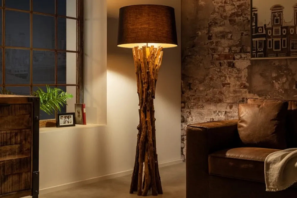 Lampa de podea din Lemn de tec Maro si Textil Negru H151xD50cm Harmony