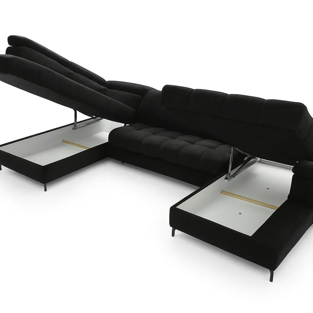 Coltar extensibil in forma de U si spatiu depozitare din catifea negru Ferruce III L344 x 202cm