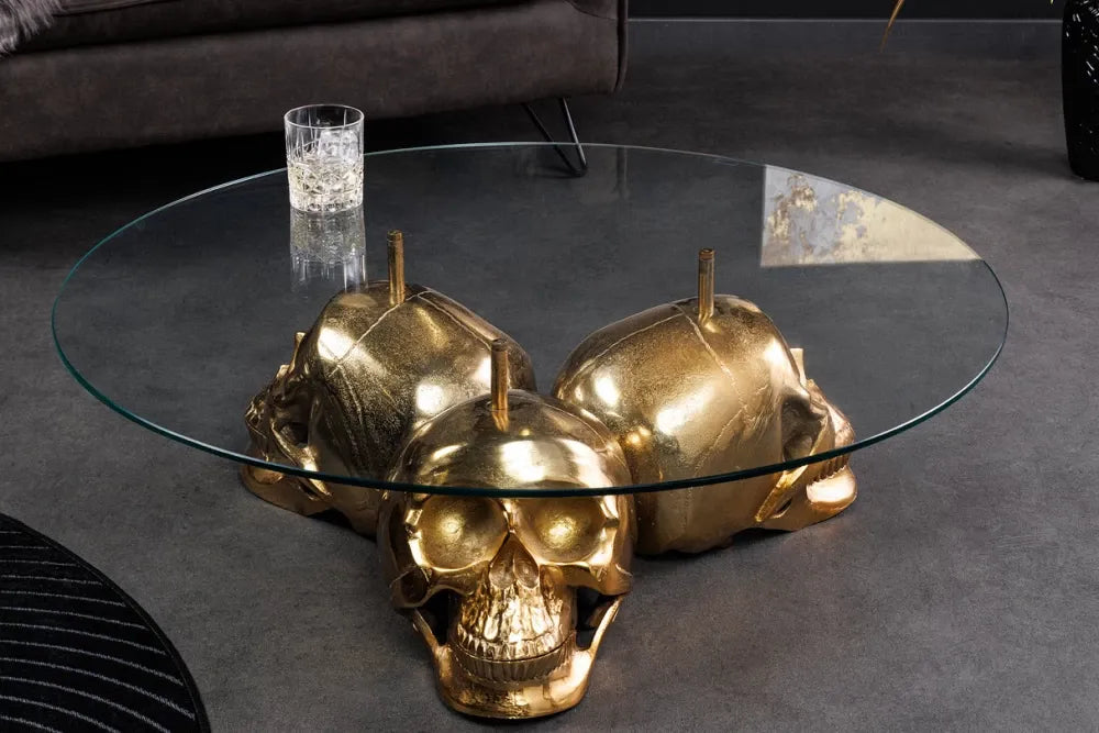 Masuta de cafea din Sticla securizata Transparent si Metal Negru D90xH33cm Skull