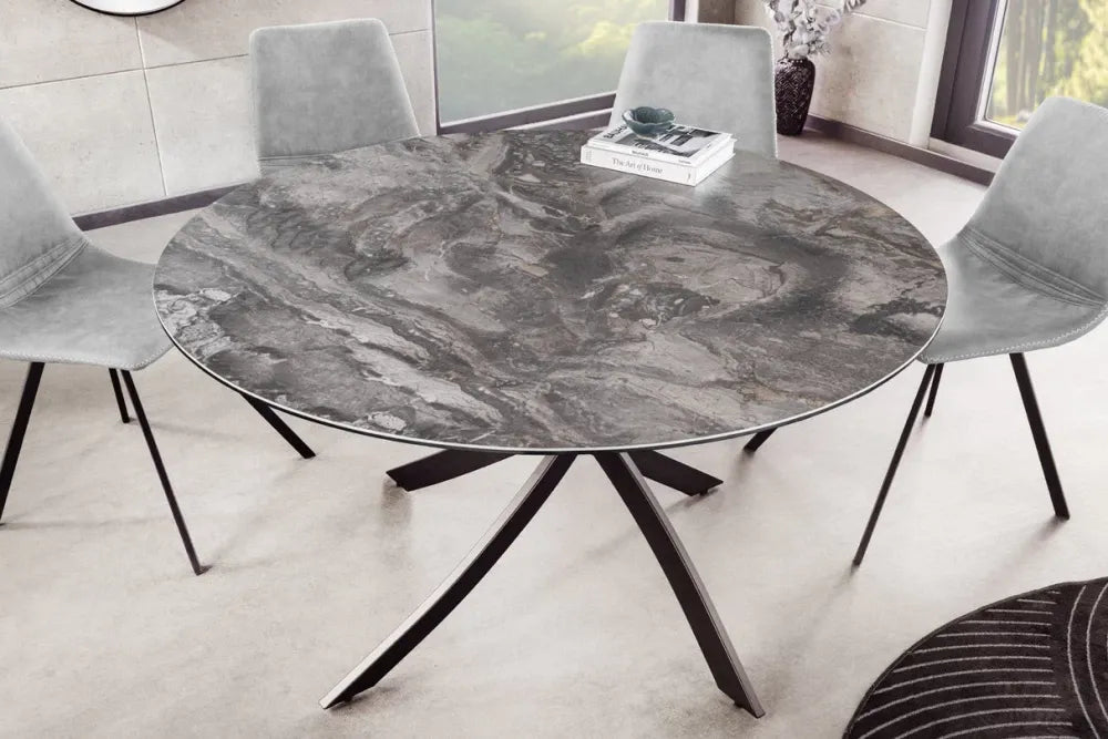 Masa rotunda din Sticla securizata/Ceramica Gri si Metal Negru D120xH74cm Alpine