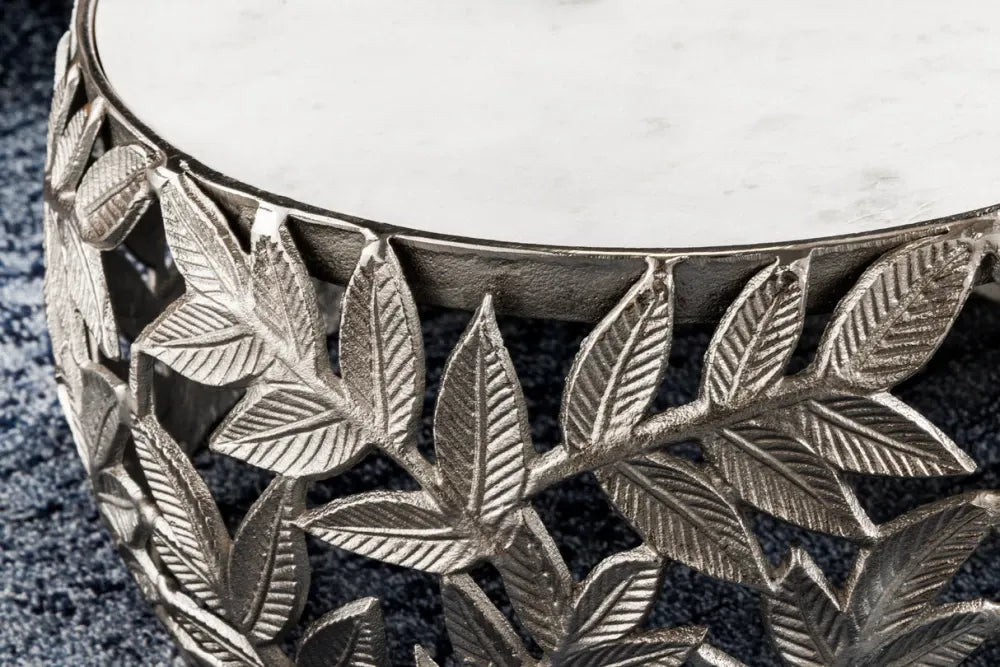 Set 2 masute de cafea din Marmura Alb si Metal Argintiu D54/68xH26/34cm Abstract leaf