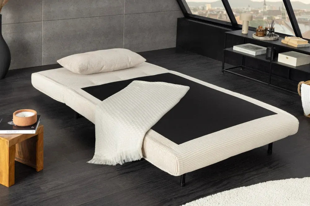 Fotoliu cu functie de dormit tapitat cu Raiat Bej si picioare din Lemn de pin Negru H82xL100xA91cm SMART MULTIFUNCTION