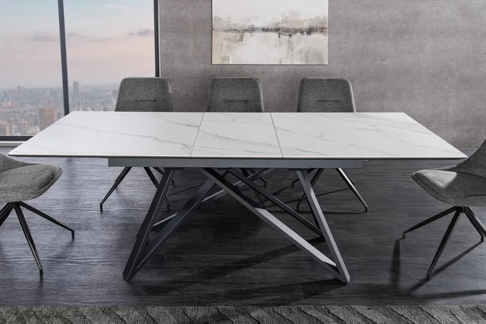 Masa din Sticla securizata/Ceramica Alb cu efect de marmura si Metal Negru L160-200xH77cm Atlas