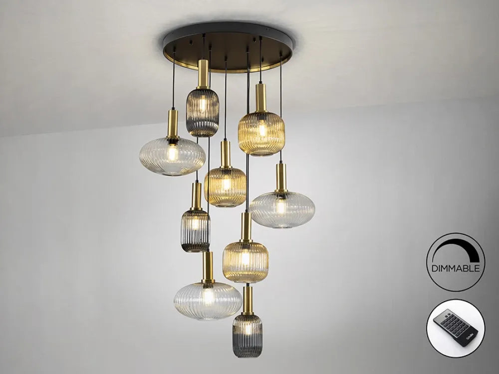 Candelabru cu telecomanda 9 becuri din Metal Negru si Sticla Multicolor H320xD80cm Norma