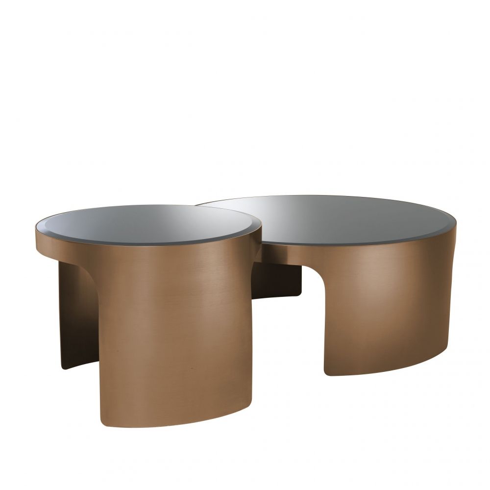 Set 2 masute de cafea Rotunde din Otel inoxidabil si Sticla securizata Maro/Negru D60/90xH38/47cm Piemonte