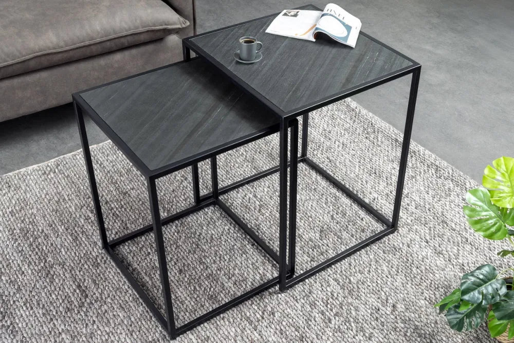 Set 2 masute de cafea din MDF Negru cu efect de marmura si Metal Negru L40/45xH53/58cm Mountain soul