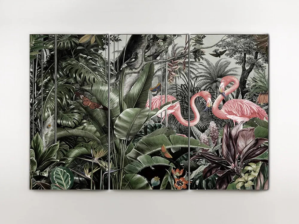 Tablou triptic Animale pe Sticla securizata Multicolor L180xH120cm Triptico Flamencos