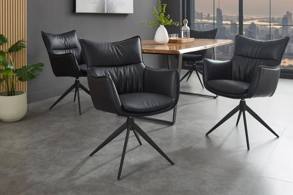 Set 2 scaune rotative tapitat cu Piele artificiala Negru si picioare din Metal Negru H92xL60xA64cm VOGUE