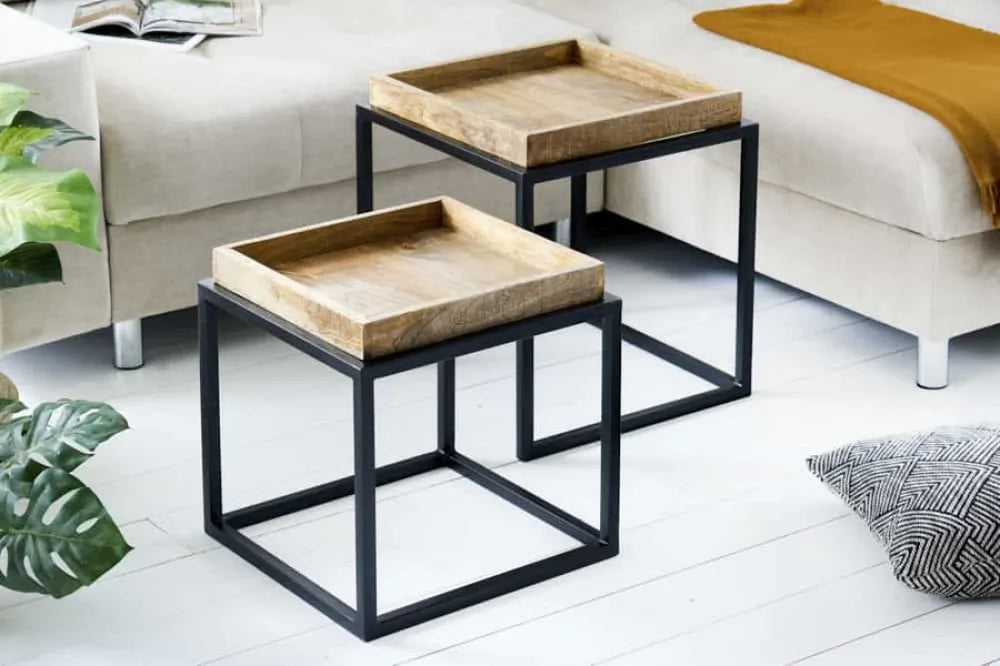 Set 2 masute laterale din Lemn de mango Maro si Metal Negru L42/45xH42/50cm Serviteur