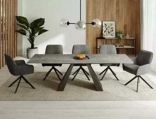 Masa Extensibila de 12 persoane din Sticla securizata+Ceramica Gri deschis mat si Metal Negru mat L160-240xH77cm Salvadore