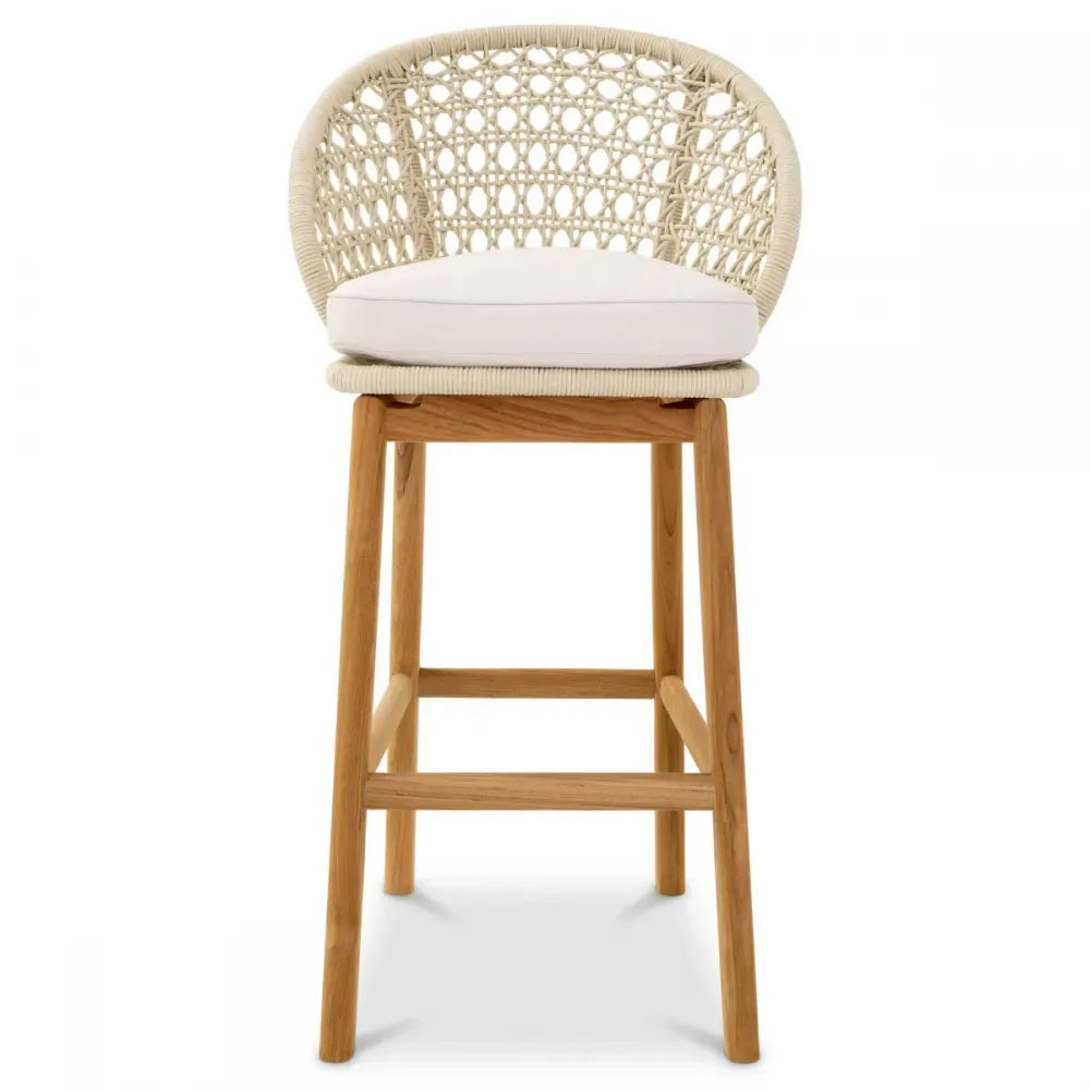 Scaun de bar pentru exterior din Lemn de tec Maro si Stofa Alb H103xL53xA46cm Trinity Eichholtz