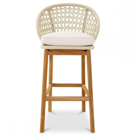 Scaun de bar pentru exterior din Lemn de tec Maro si Stofa Alb H103xL53xA46cm Trinity Eichholtz