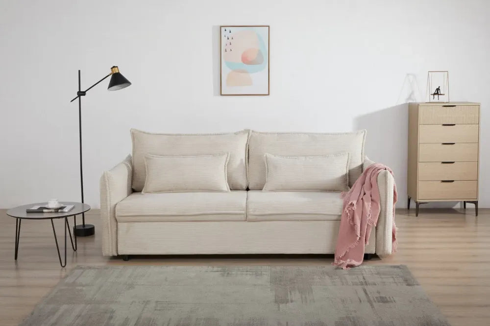Canapea extensibila de 3 locuri tapitat cu Catifea raiata Bej L215cm Apartment
