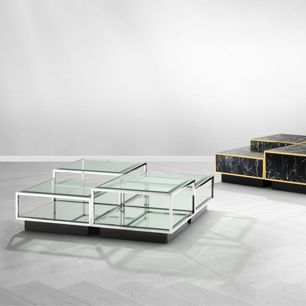Set 4 masute de cafea Patrate din Otel inoxidabil si Sticla Argintiu/Transparent L65xH32/40cm Tortona