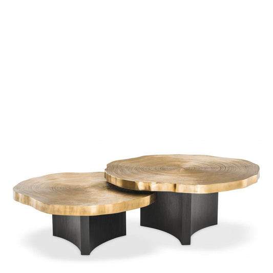 Set 2 masute de cafea Rotunde din MDF si Lemn masiv Negru/Auriu D85/95xH34/41cm Thousand Oaks