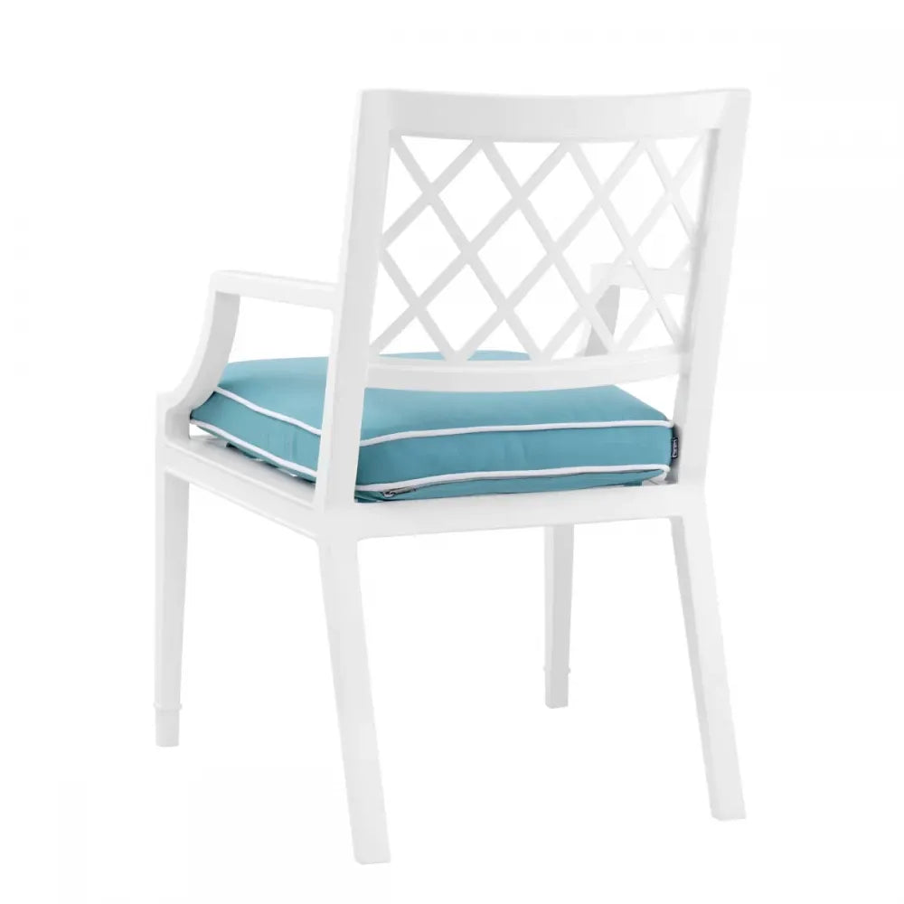 Scaun cu brate de exterior din Metal Alb si Stofa Albastru H87xL60xA66cm Paladium Eichholtz