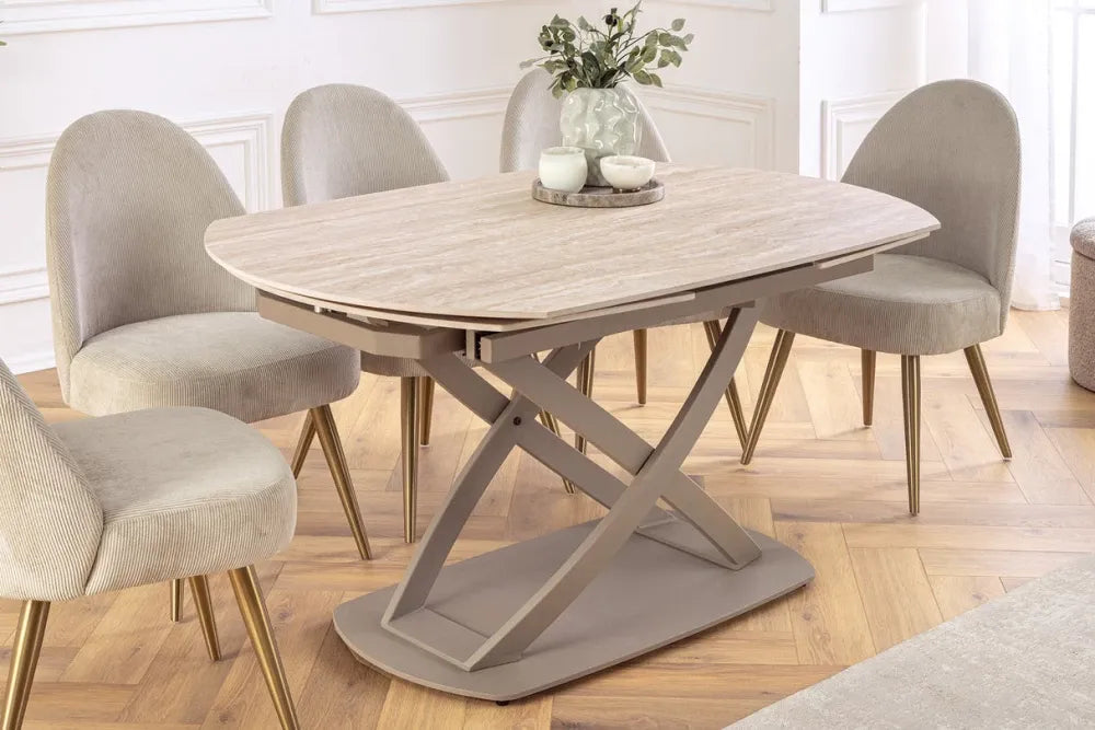 Masa extensibila din Ceramica Bej si Metal Grej L130-190xH75cm Inception
