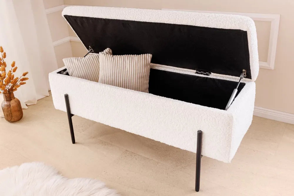 Bancheta cu spatiu de depozitare din Metal Negru si Stofa boucle Alb H46xL100cm Loft