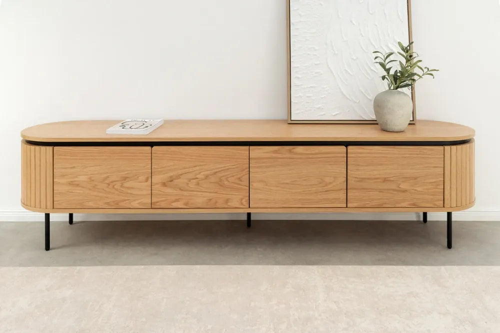 Comoda TV din MDF/Furnir de stejar Maro si Metal Negru L200xH55cm ATELIER