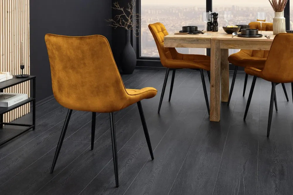 Set 4 scaune tapitat cu Catifea Galben si picioare din Metal Negru H85xL51xA59cm ROADSTAR