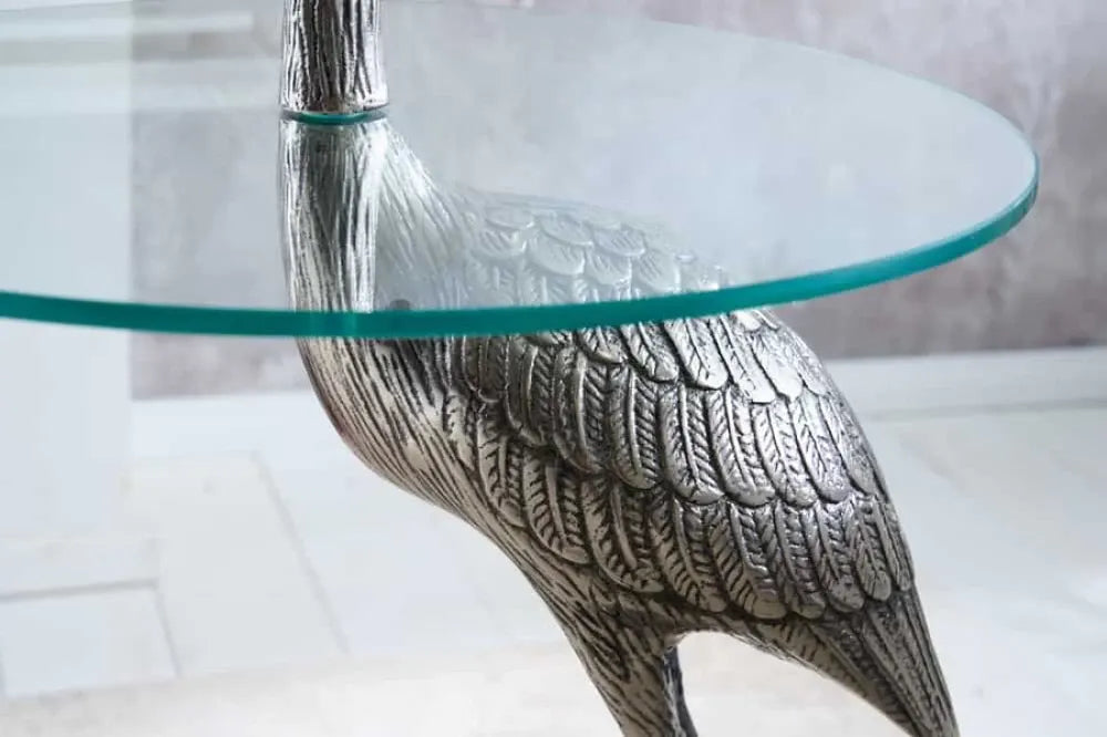 Masuta laterala din Sticla securizata Transparent si Metal Argintiu L50xH88cm Wildlife heron