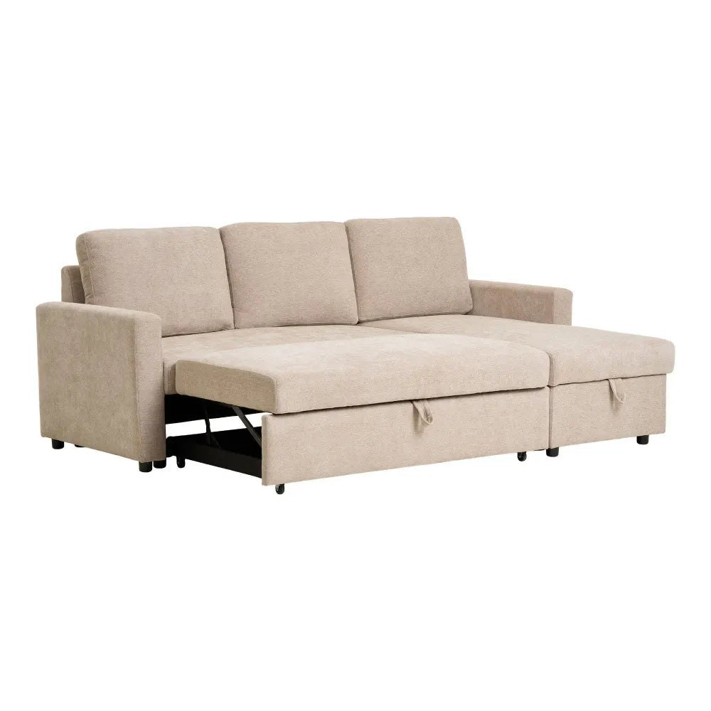 Coltar extensibil cu orientare reversibila si spatiu depozitare tapitat cu Stofa Bej L218xH87cm Belfast
