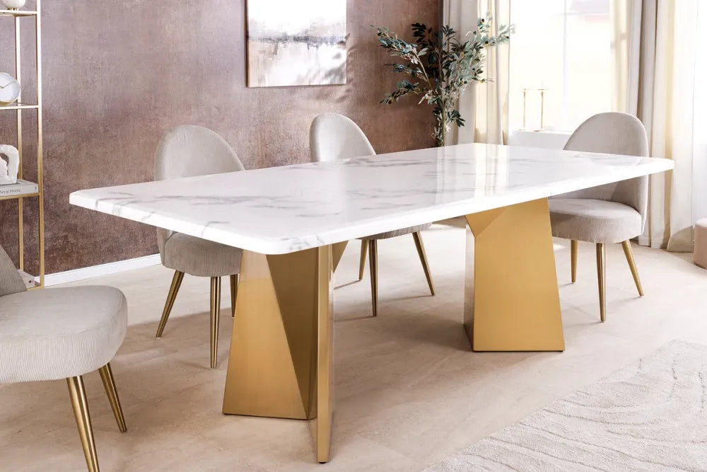 Masa din Marmura Alb si Metal Auriu L200xH76cm Extravagancia