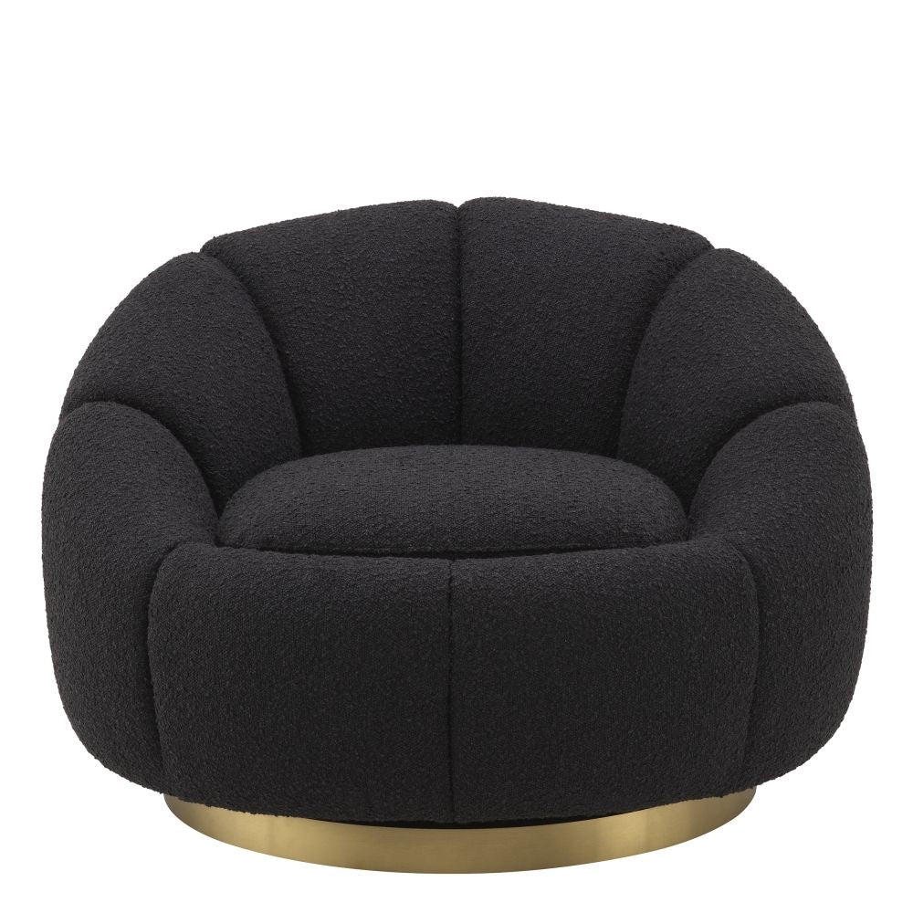 Fotoliu rotativ Inger Eichholtz tapitat cu Stofa Boucle Negru cu baza din Otel inoxidabil Auriu H69xL95xA83cm