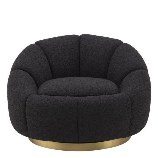 Fotoliu rotativ Inger Eichholtz tapitat cu Stofa Boucle Negru cu baza din Otel inoxidabil Auriu H69xL95xA83cm