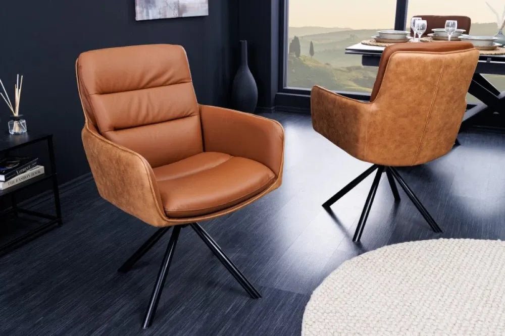 Scaun rotativ tapitat cu Piele naturala/Microfibra Maro cognac cu picioare din Metal Negru H89xL58xA67cm Big George