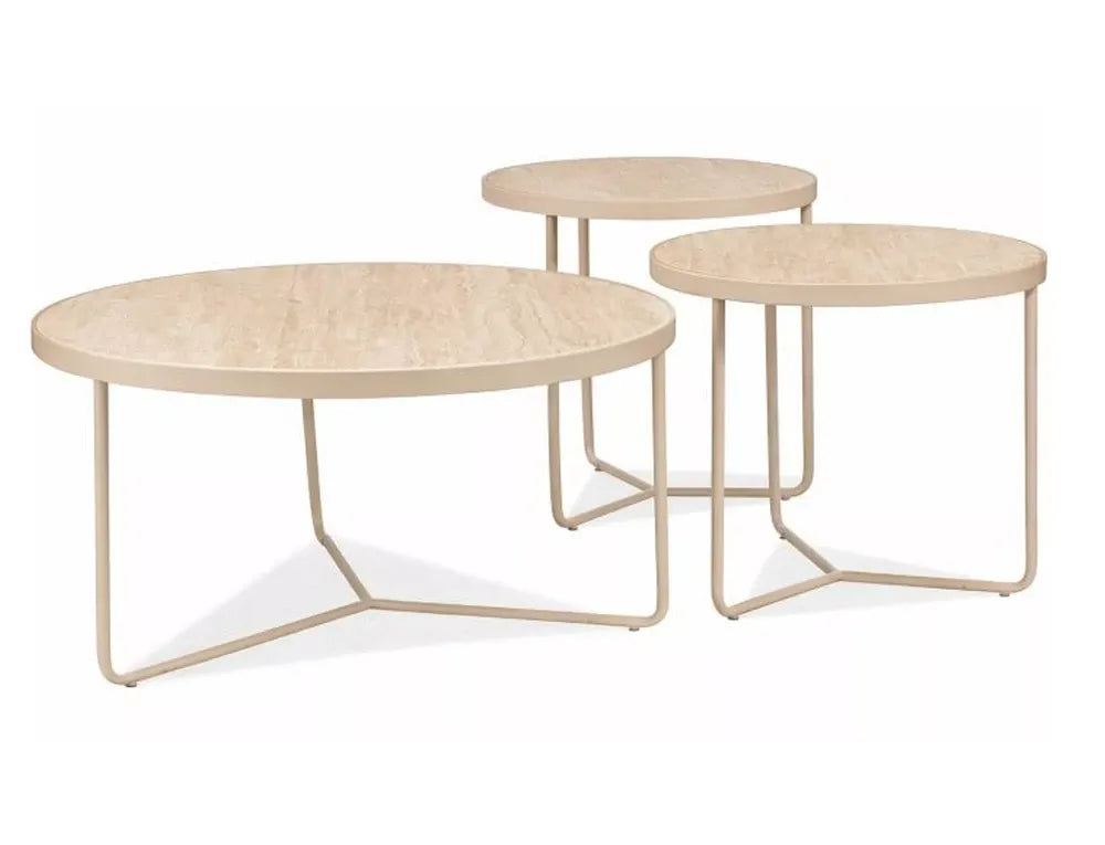 Set 3 masute de cafea din Metal Bej si Ceramica Bej mat D80/50xH40/45/50cm Demeter
