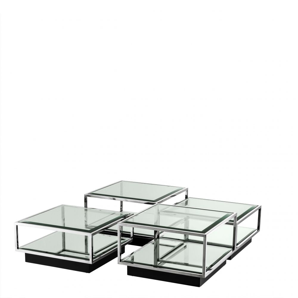 Set 4 masute de cafea Patrate din Otel inoxidabil si Sticla Argintiu/Transparent L65xH32/40cm Tortona