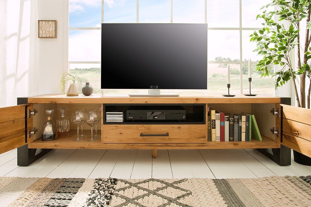 Comoda TV din Lemn masiv de stejar si Metal Maro/ Negru Thor L200xH50cm