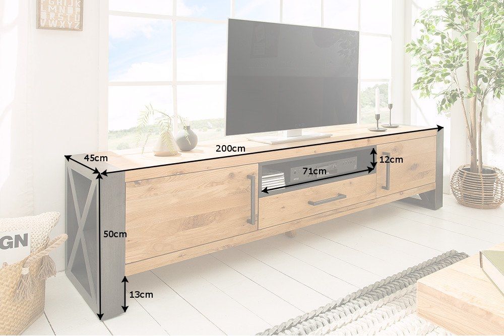 Comoda TV din Lemn masiv de stejar si Metal Maro/ Negru Thor L200xH50cm
