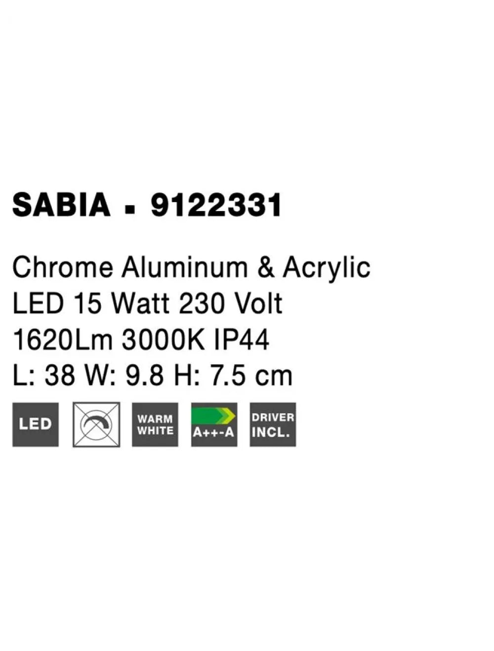 Aplica de perete structura din Aluminiu Argintiu si abajur din Acrilic Alb H7.5xL38cm IP44 15W 1539lm 3000k SABIA