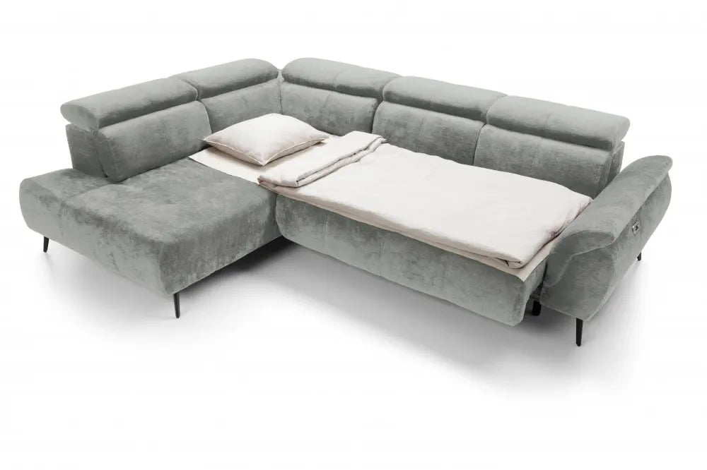Coltar extensibil electric tapitat cu Chenille Gri deschis cu lada depozitare Genova II